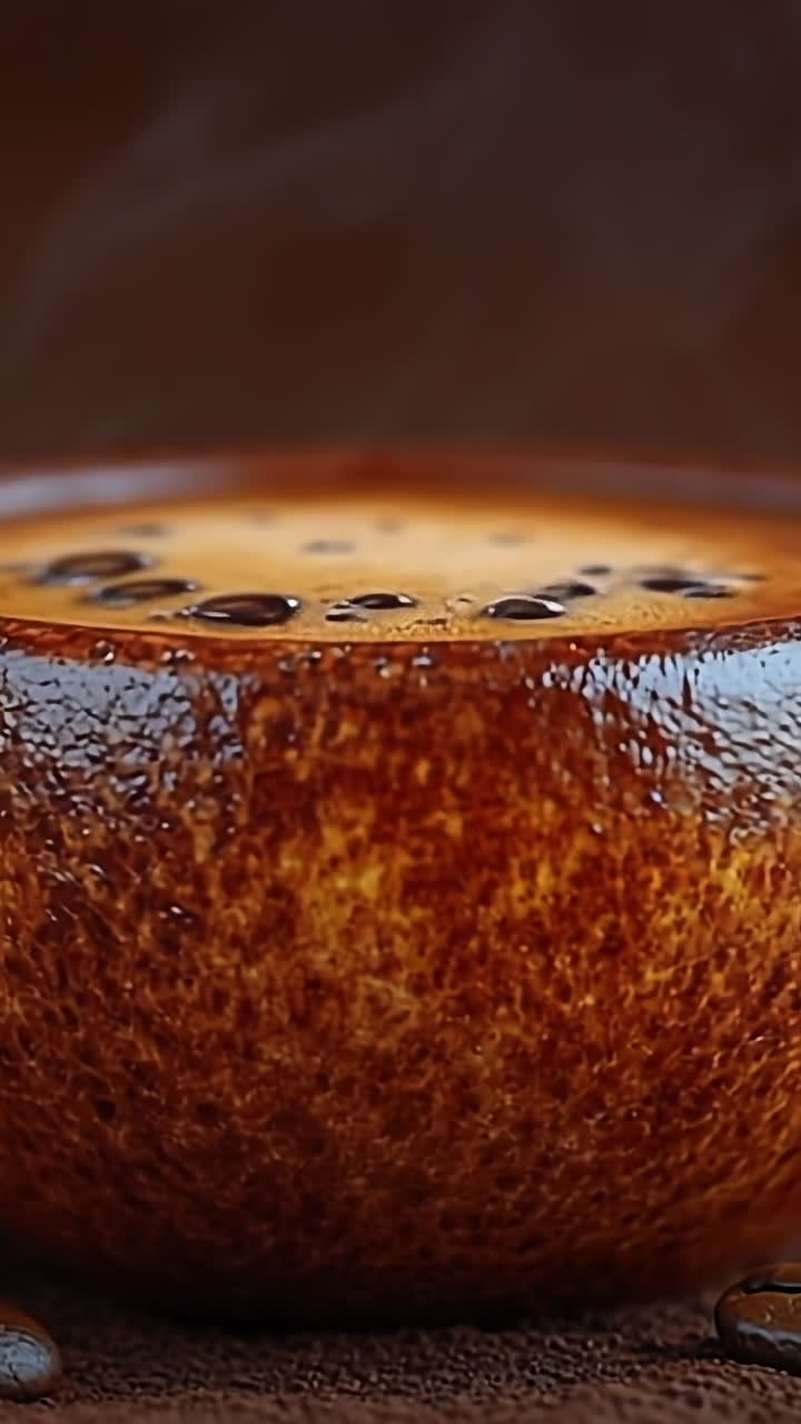 Freshly brewed coffee in a rustic cup. A steaming cup of coffee sits on a wooden surface surrounded by scattered coffee beans, creating a cozy atmosphere.
