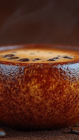 freshly brewed coffee in a rustic cup. a steaming cup of coffee sits on a wooden surface surrounded by scattered coffee beans, creating a cozy atmosphere.