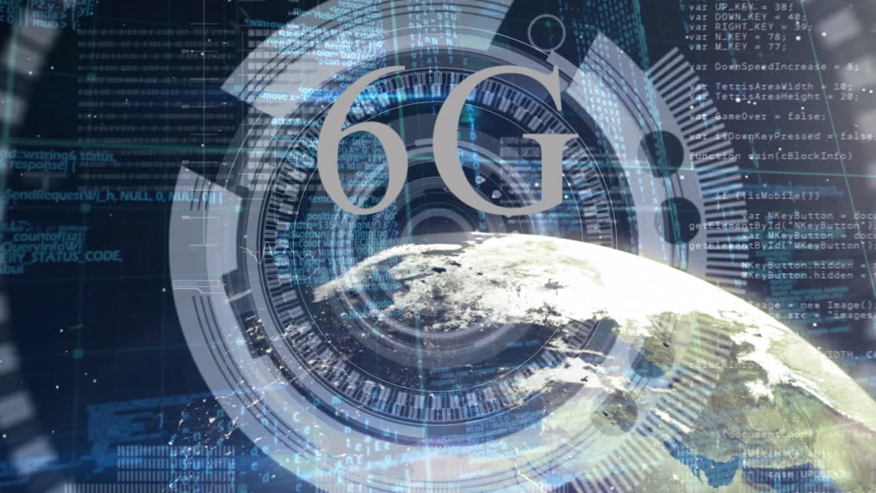 анимация обработки данных и текст 6g по всему миру