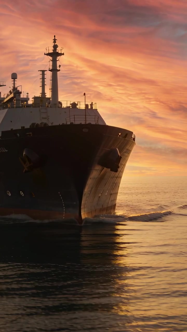 Vídeo vertical: Grande navio de carga avançando em águas abertas enquanto o sol se põe, criando onda de proa