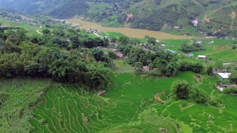 zoom in drone shot of detailed rice paddies and small houses across vibrant green hills in sa pa.