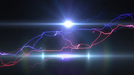 animation of red particles and moving lights with glowing blue and red electric currents on black