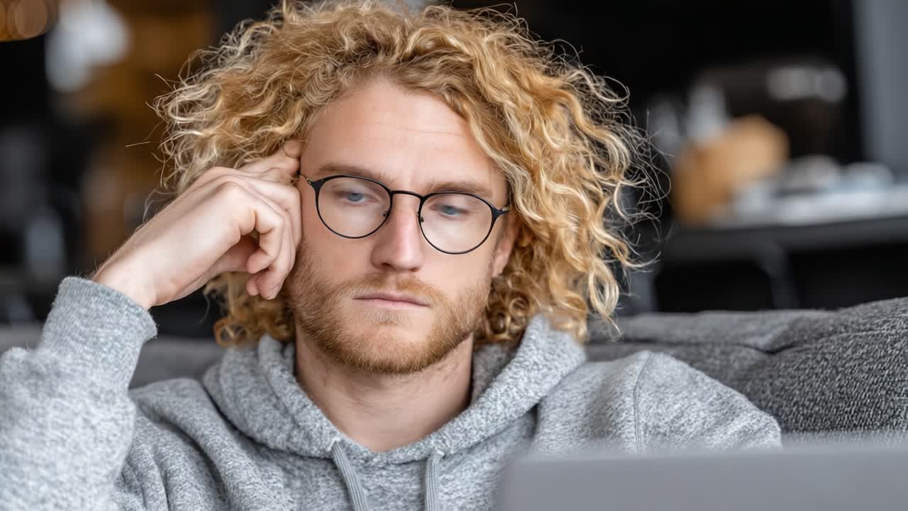 A Deeply Contemplative Young Man with Curly Hair and Glasses Exhibiting Signs of Frustration and Impatience While Engaged with His Laptop in a Cozy Indoor Setting