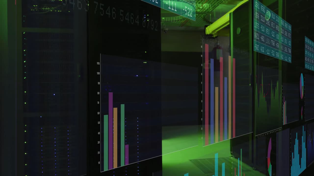 Animation of screen with statistical data processing against computer server room