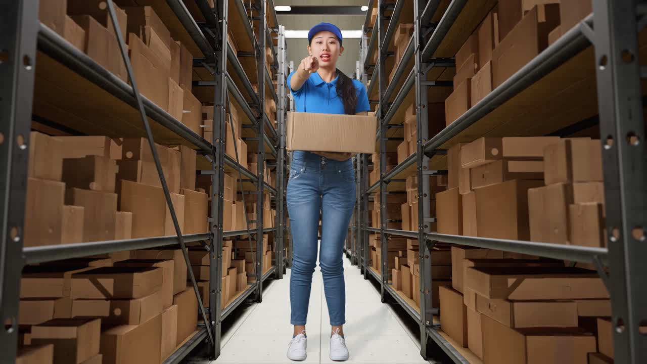 cuerpo lleno de mensajera asiática insatisfecha en uniforme azul gritando a la cámara mientras entregaba un cartón en el almacén