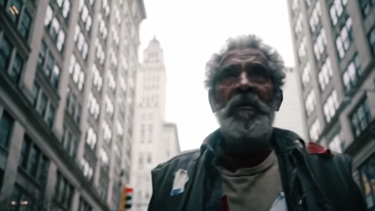 A solitary figure navigates the urban landscape, capturing the essence of desolation and resilience amidst towering buildings and bustling streets