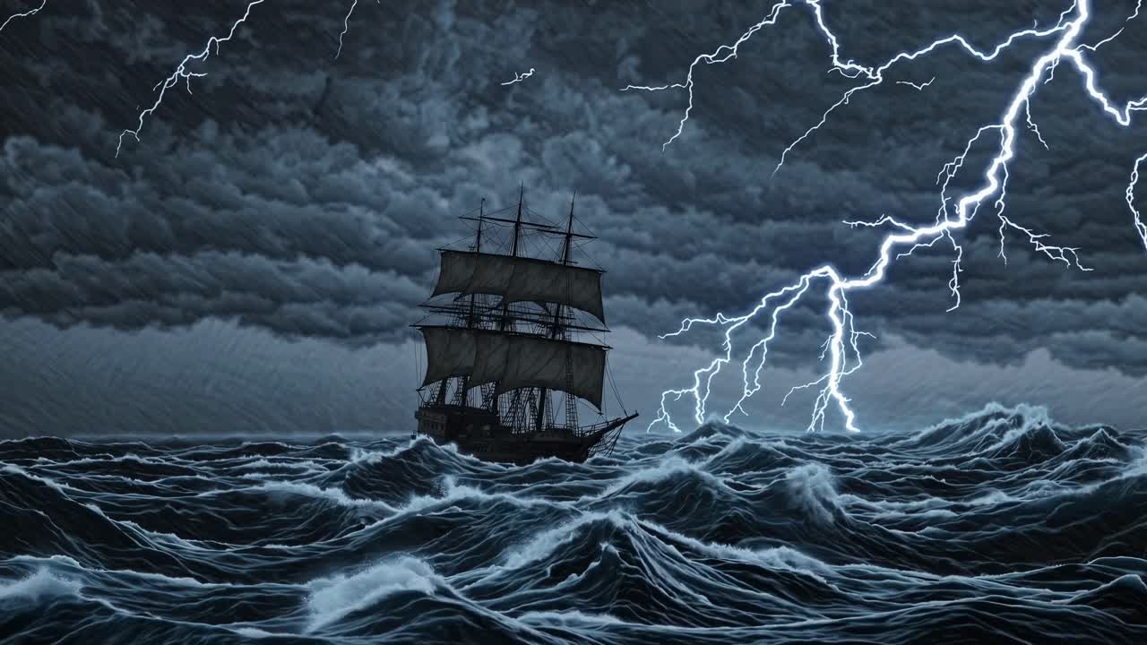 Dramatisk videokonsept av et skip som kjemper mot et stormfullt hav med lyn.