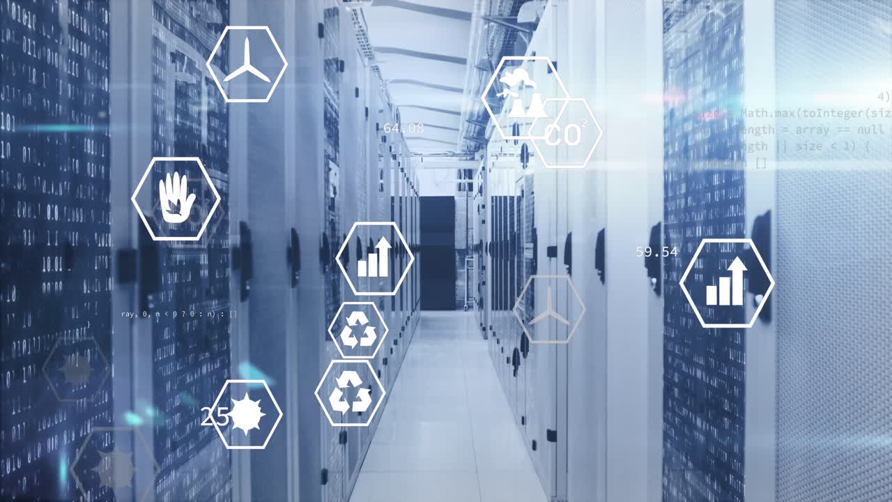 animación de múltiples iconos digitales y puntos de luz contra la sala del servidor de la computadora