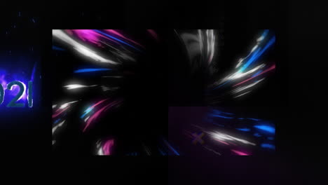 animación de líneas en movimiento coloridas y número en llamas sobre fondo negro