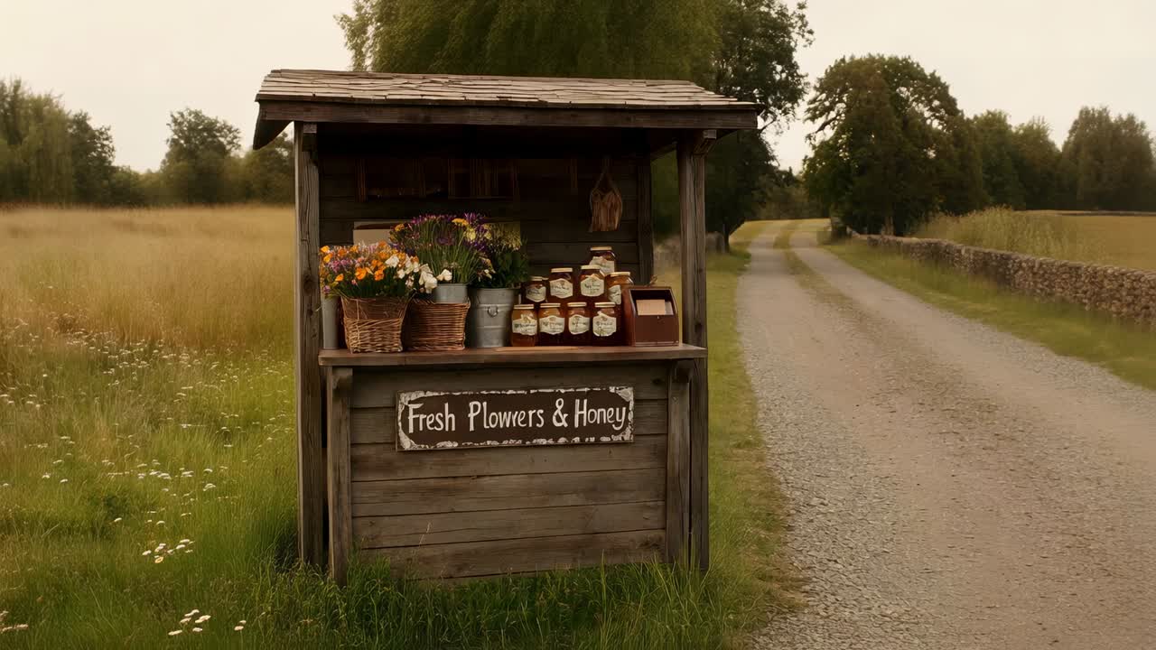 Zoomende kamera, der afslører træstand ved siden af vejen, og fremhæver skiltet Friske blomster og honning og j