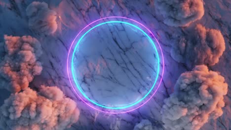 neon circle frame on marble with smoke background