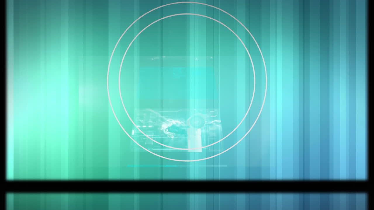 Animation of circular scanner and slipping frame over interfaces with data processing on blue lines