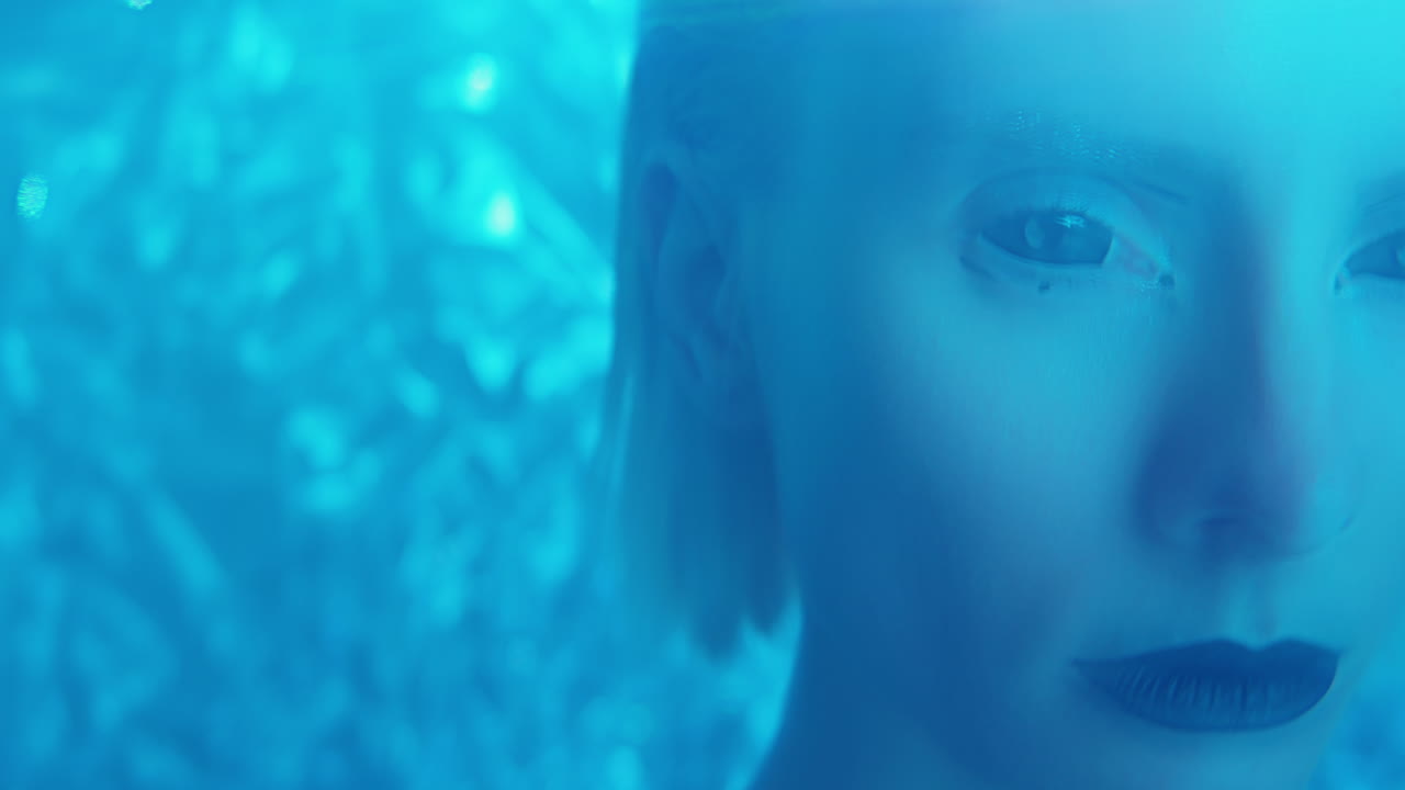 Woman with Black Eyes and Lips in Neon Light and Laser Beams