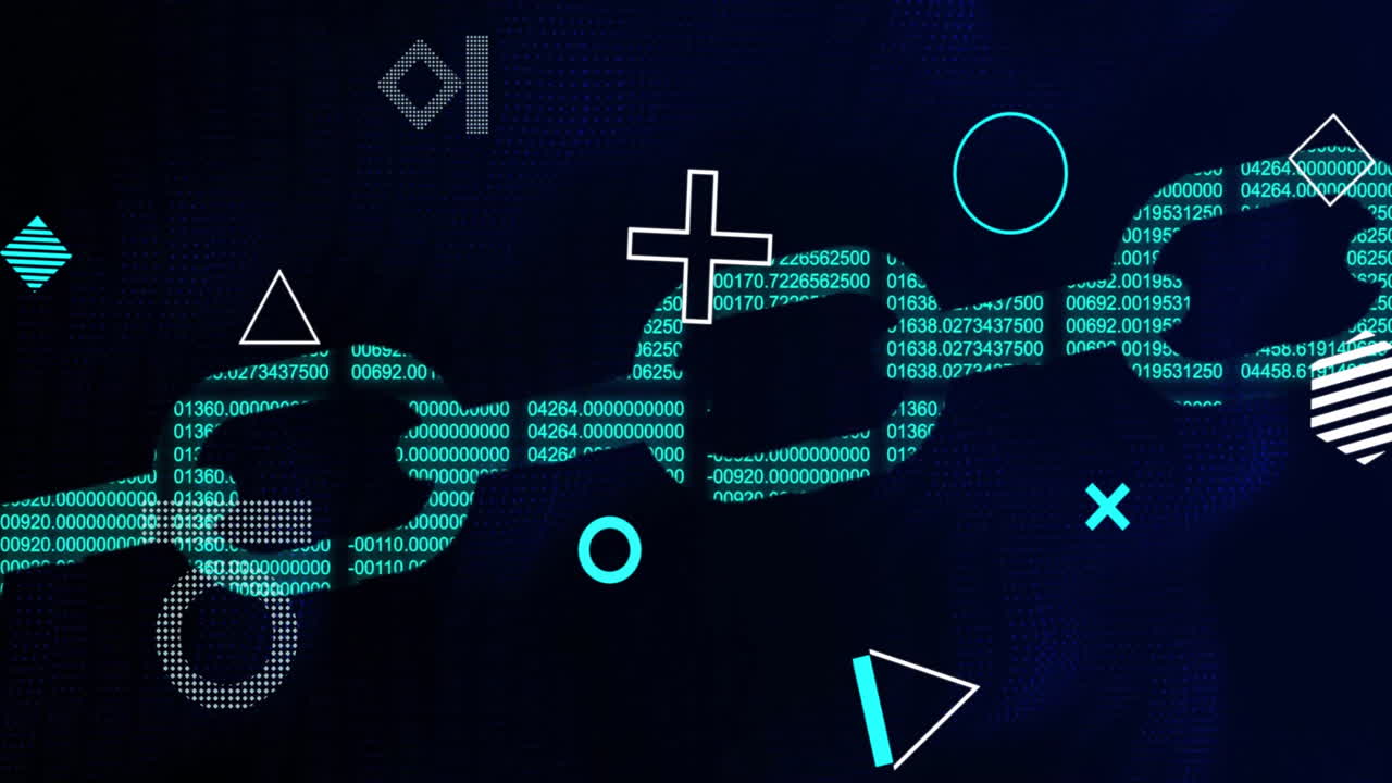 Animation of data processing and chain over moving shapes