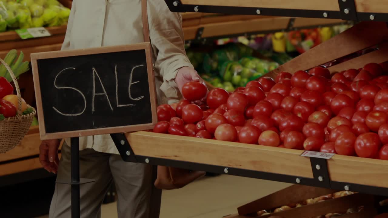 Woman picking tomato, couple inspecting to choose ripe grocery produce, clear bars overlaying scene