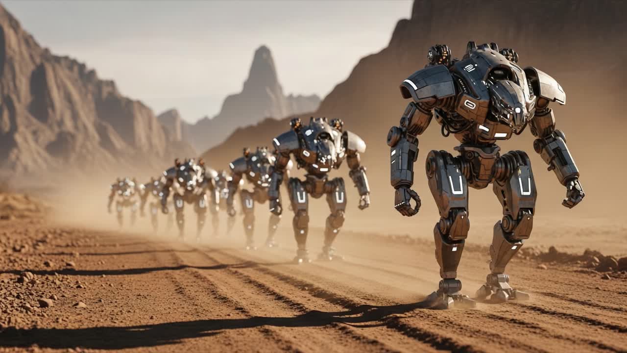 A Futuristic Army of Robots Marching Across a Desert Landscape, Showcasing Advanced Technology and Design Amidst Breathtaking Mountainous Terrain