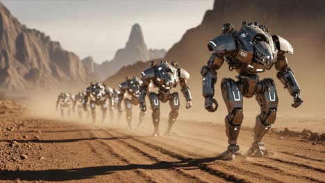 a futuristic army of robots marching across a desert landscape, showcasing advanced technology and design amidst breathtaking mountainous terrain