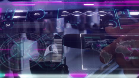 hand touching tablet while espresso portafilter pouring coffee into cup under neon hud graphics