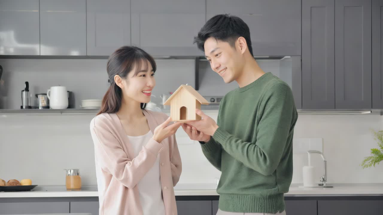 Happy couple in kitchen holding model house