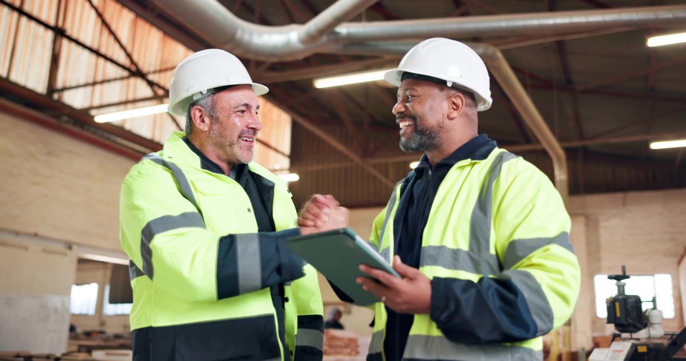 Two Construction Managers Discussing Project on Tablet in Warehouse