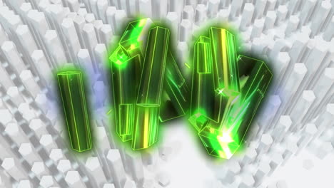 moving metallic green blocks over moving 3d white geometrical shapes