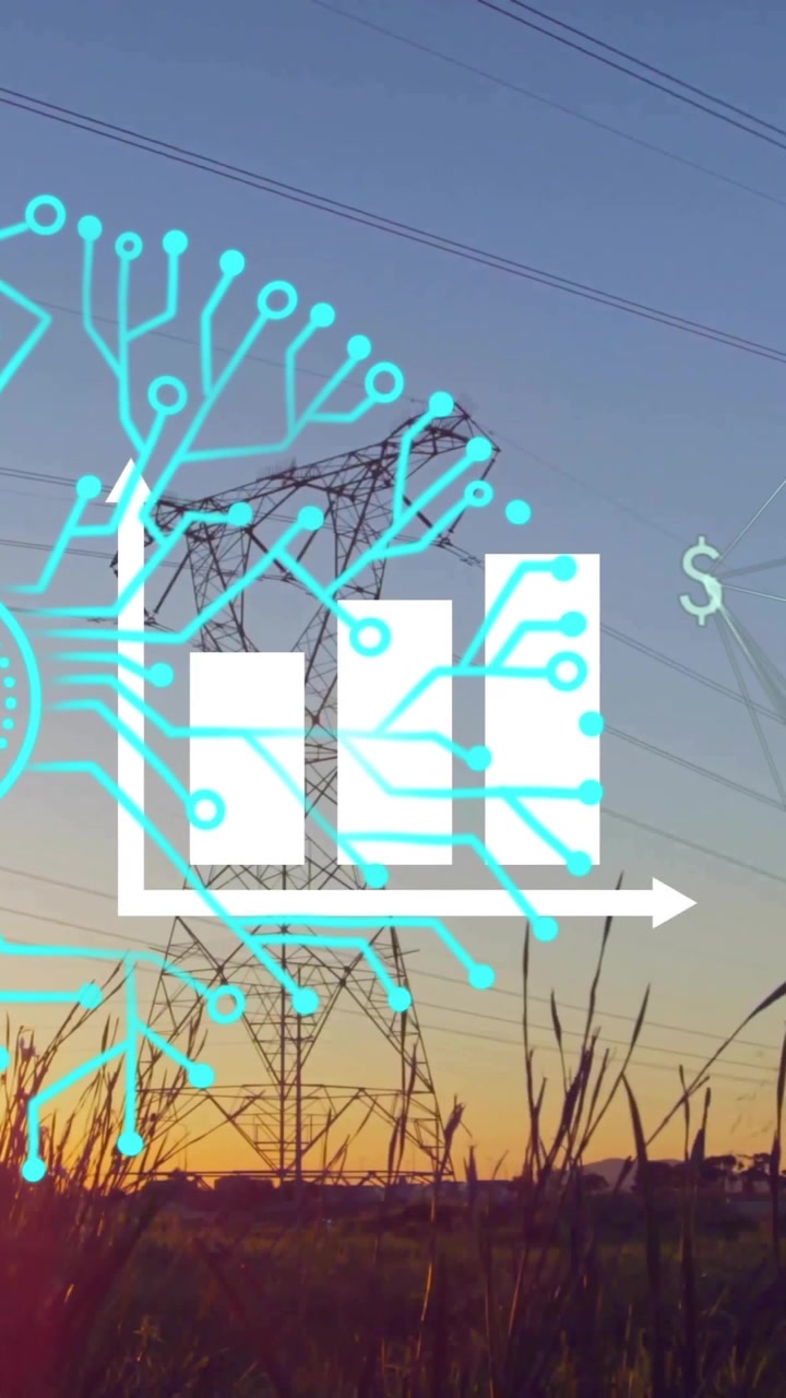 Rete AI e simboli finanziari su linee elettriche al tramonto