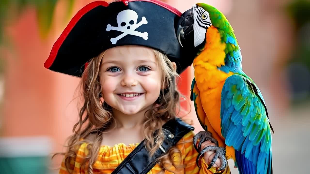 una niña con un disfraz de pirata sosteniendo un loro en su brazo