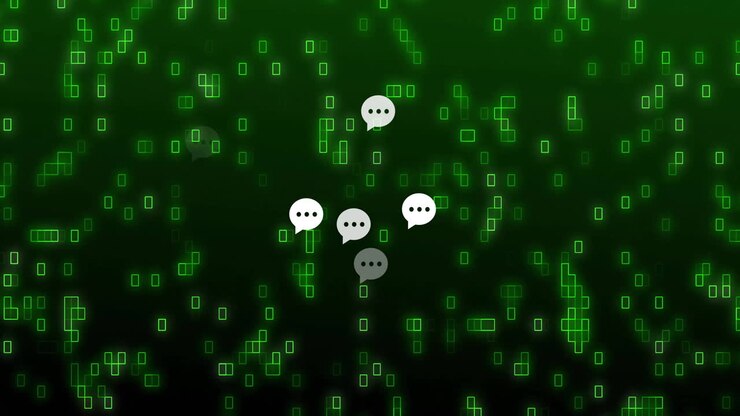 Animation of speech bubbles and binary codes over green background