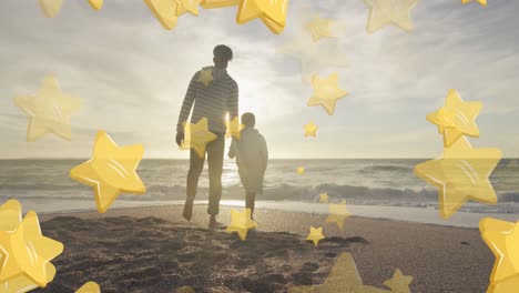Animation-of-stars-over-hispanic-father-and-son-walking-on-beach