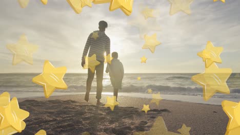 animación de estrellas sobre padre e hijo hispanos caminando por la playa