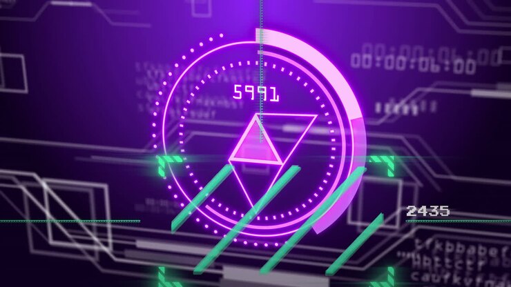 Digital data processing with futuristic animation of geometric shapes and numbers