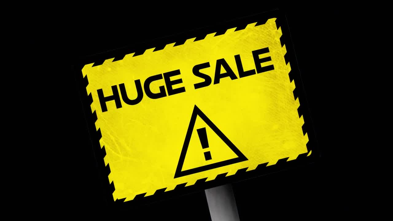 노란색 경고 표지판에 거대한 판매 텍스트의 애니메이션, 파란색 연기 폭발, 검은색에
