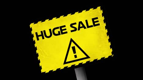 animation of huge sale text on yellow warning sign, over blue smoke explosion, on black