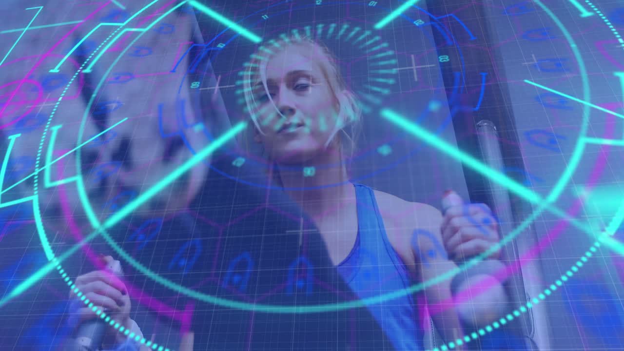 animación de un escáner circular que procesa datos sobre una atleta ejercitándose