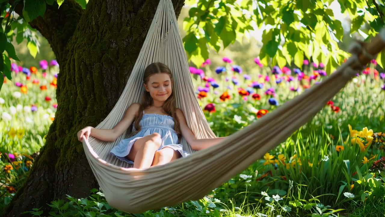 A young girl relaxing in a hammock in a vibrant garden