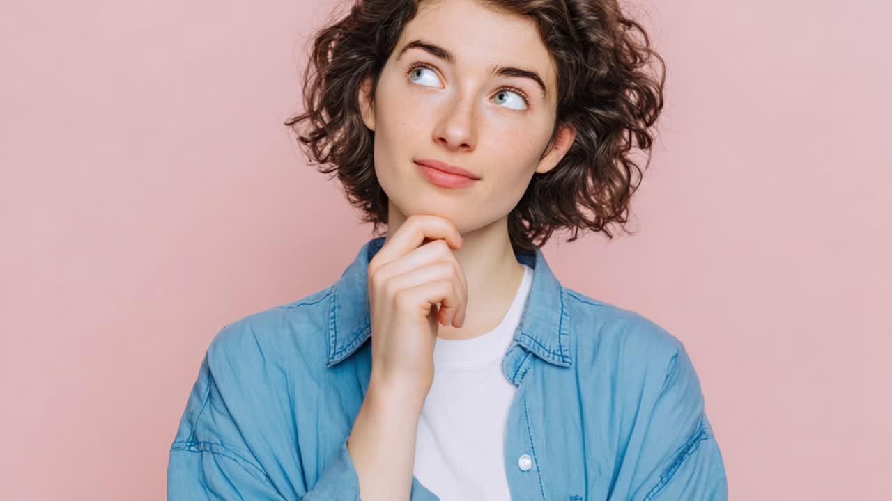Peinzend meisje met krullend haar overpeinst gedachten tegen een roze achtergrond - expressieve gezichtsuitdrukkingen en een gebaar dat reflectie en nieuwsgierigheid aanduidt