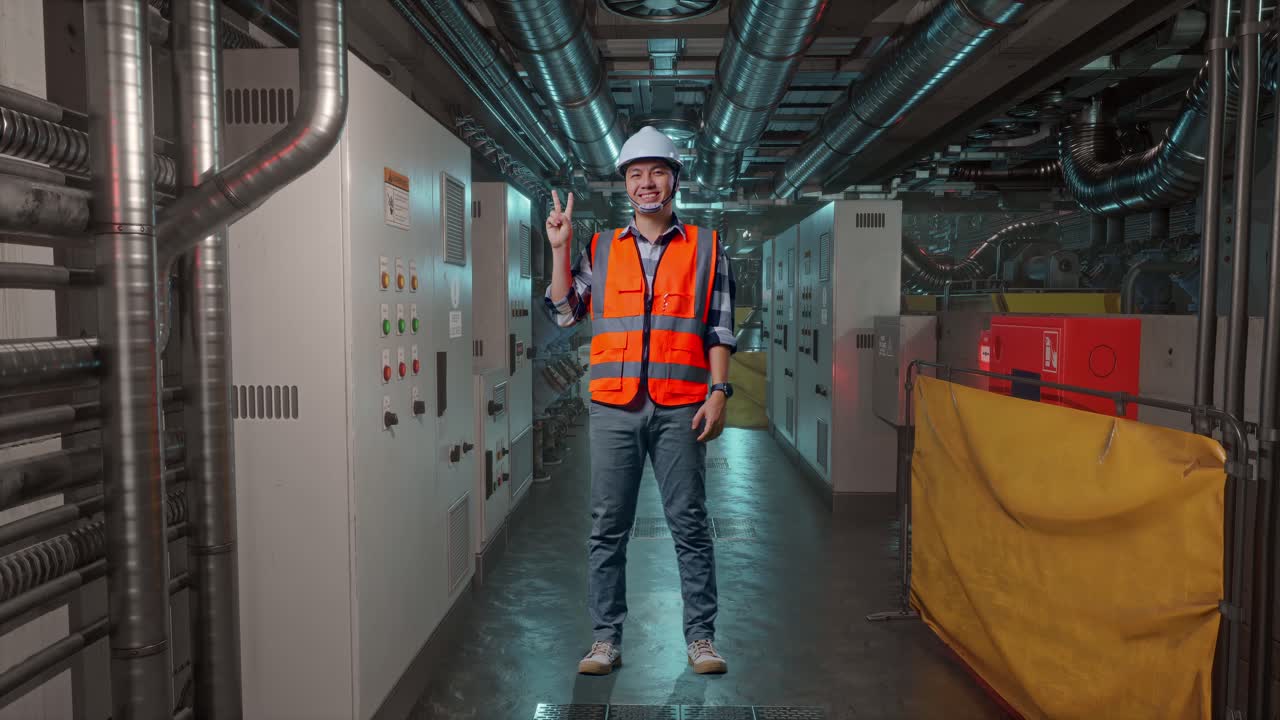 Full Body Of Asian Male Engineer With Safety Helmet Smiling And Showing Peace Gesture While Standing In Engine Control Room, Work Of Electrical Generators