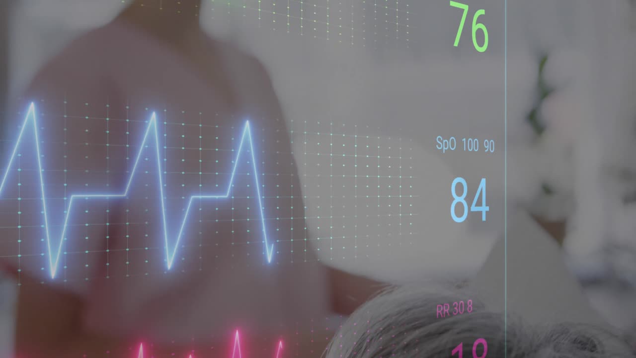 병원 침대에 있는 다양한 여성 간호사와 환자에 대한 다채로운 심장 사진의 애니메이션