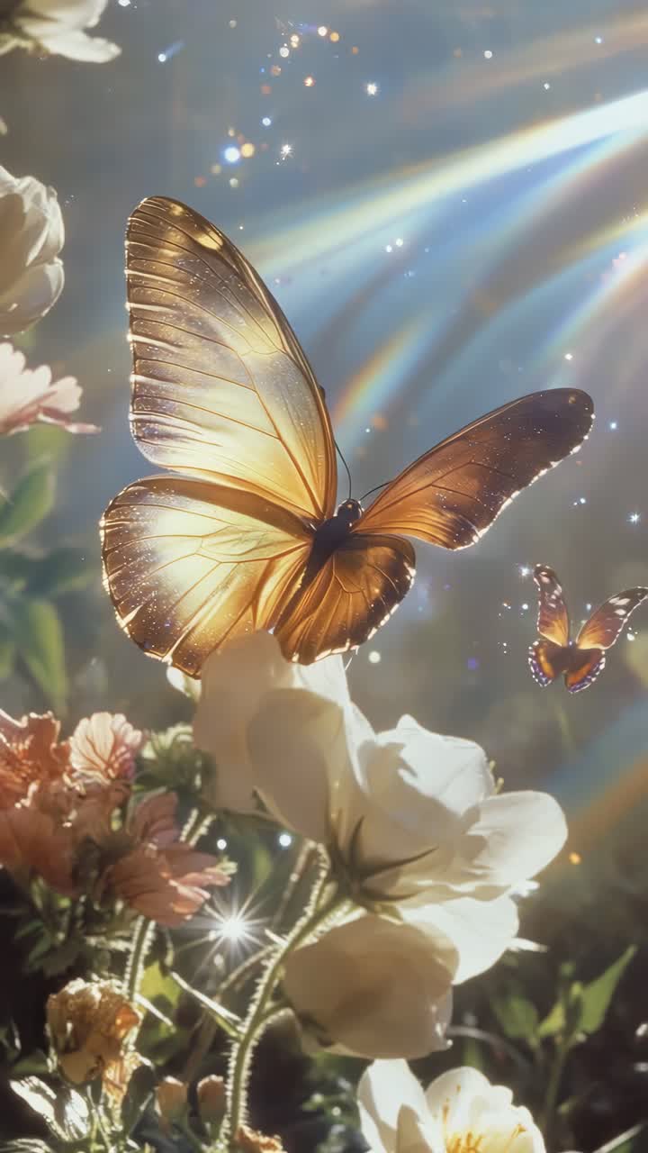 Una scena video ravvicinata ed eterea di farfalle alla luce del sole, che cattura le loro ali delicate.