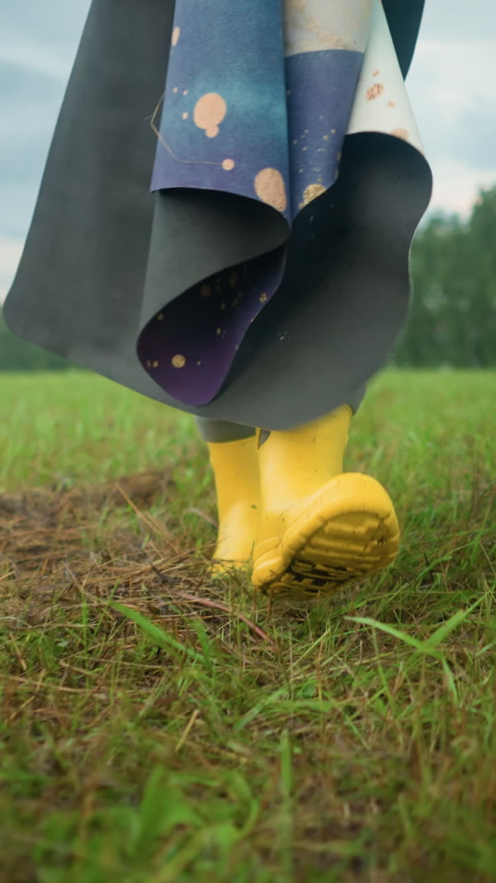 vista de la pierna de un individuo con botas amarillas sosteniendo una alfombra colorida, caminando en el campo cubierto de hierba, el impermeable verde y la bolsa son visibles detrás en el suelo en el vasto campo