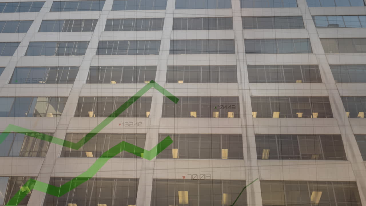 녹색 선의 애니메이션 및 도시 상의 금융 데이터 처리