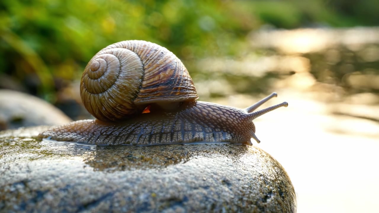 A Close-Up View of a Majestic Snail Crawling Along a Rock by a Tranquil Stream, Showcasing Its Intricate Shell and Natural Habitat in a Serene Environment