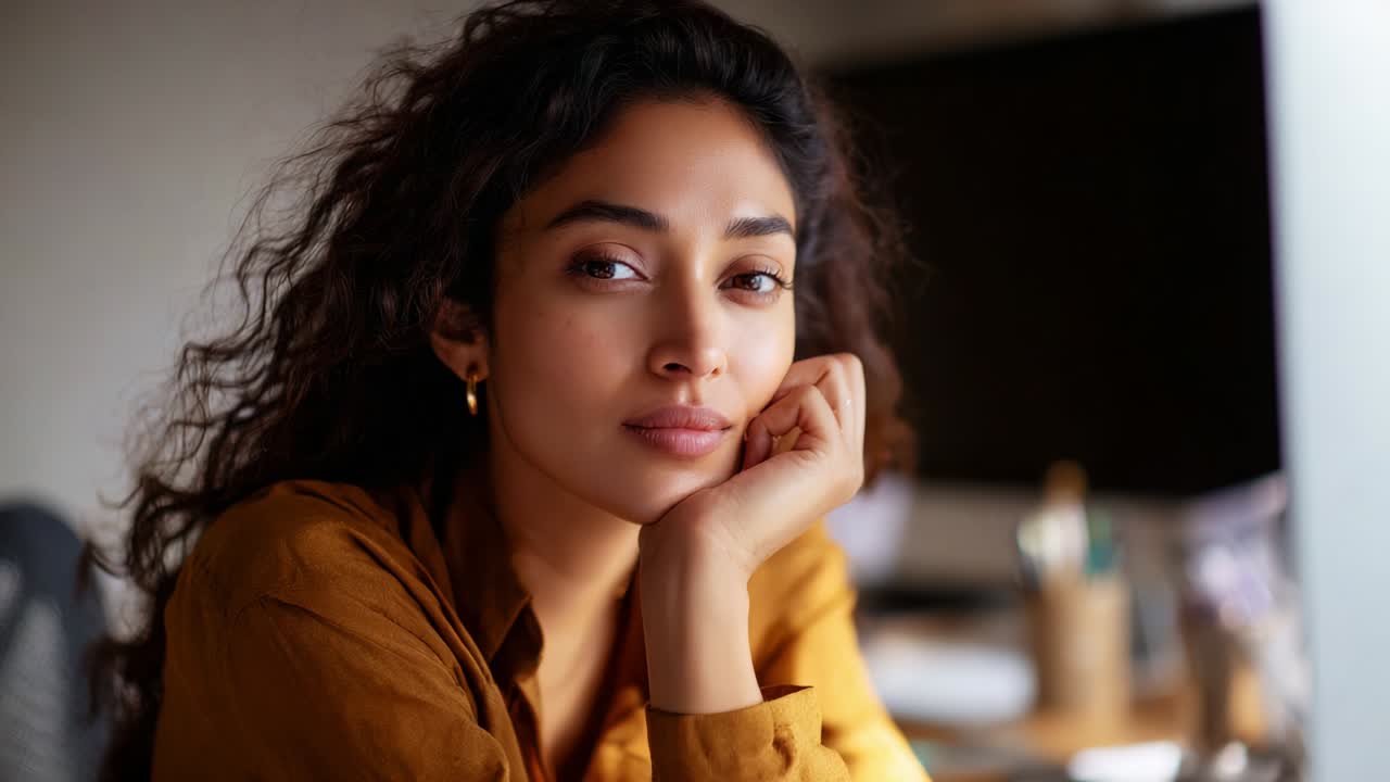 Contemplative Reflection: A Portrait of a Woman with Curly Hair, Lost in Thought, Captured in the Soft Glow of Natural Light, Radiating Serenity and Depth in a Home Office Setting