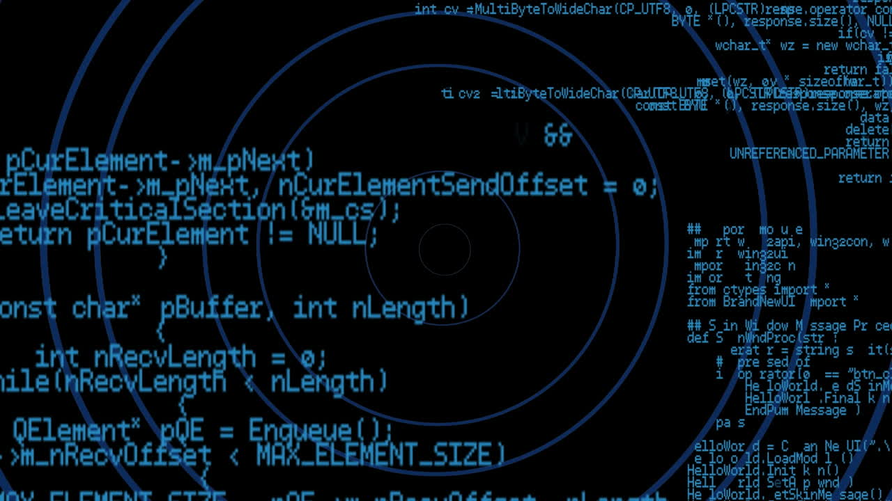 animatie van gegevensverwerking en cirkels op zwarte achtergrond