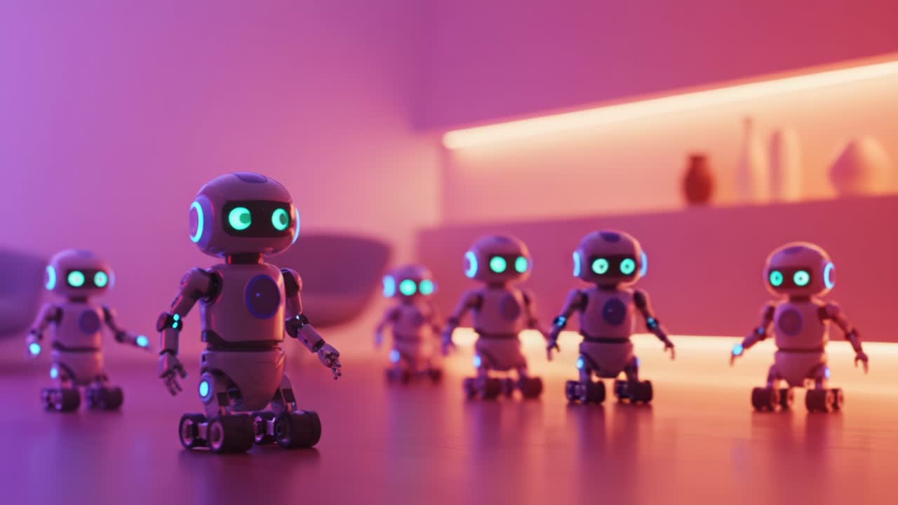 Un'esposizione affascinante di robot amichevoli che interagiscono in un ambiente colorato con illuminazione soffusa e un'estetica moderna accattivante, mettendo in mostra i loro design e le loro caratteristiche uniche.