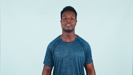 happy, fitness and black man flexing arms