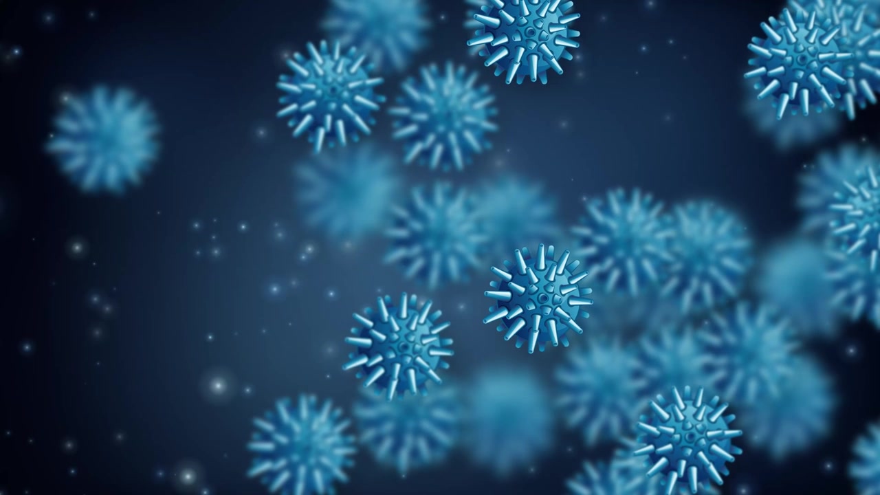 Microscopic blue virus cells drift slowly through a dark space with glowing light particles.