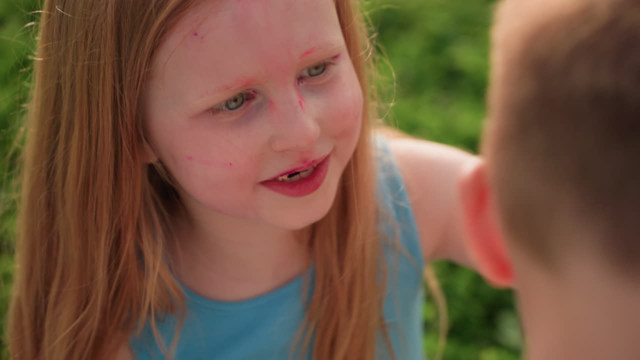 creative kid chatting while gently cleaning friend face paint with tissue in green outdoor summer setting, warm light and soft blur background emphasizing focused caring interaction between children