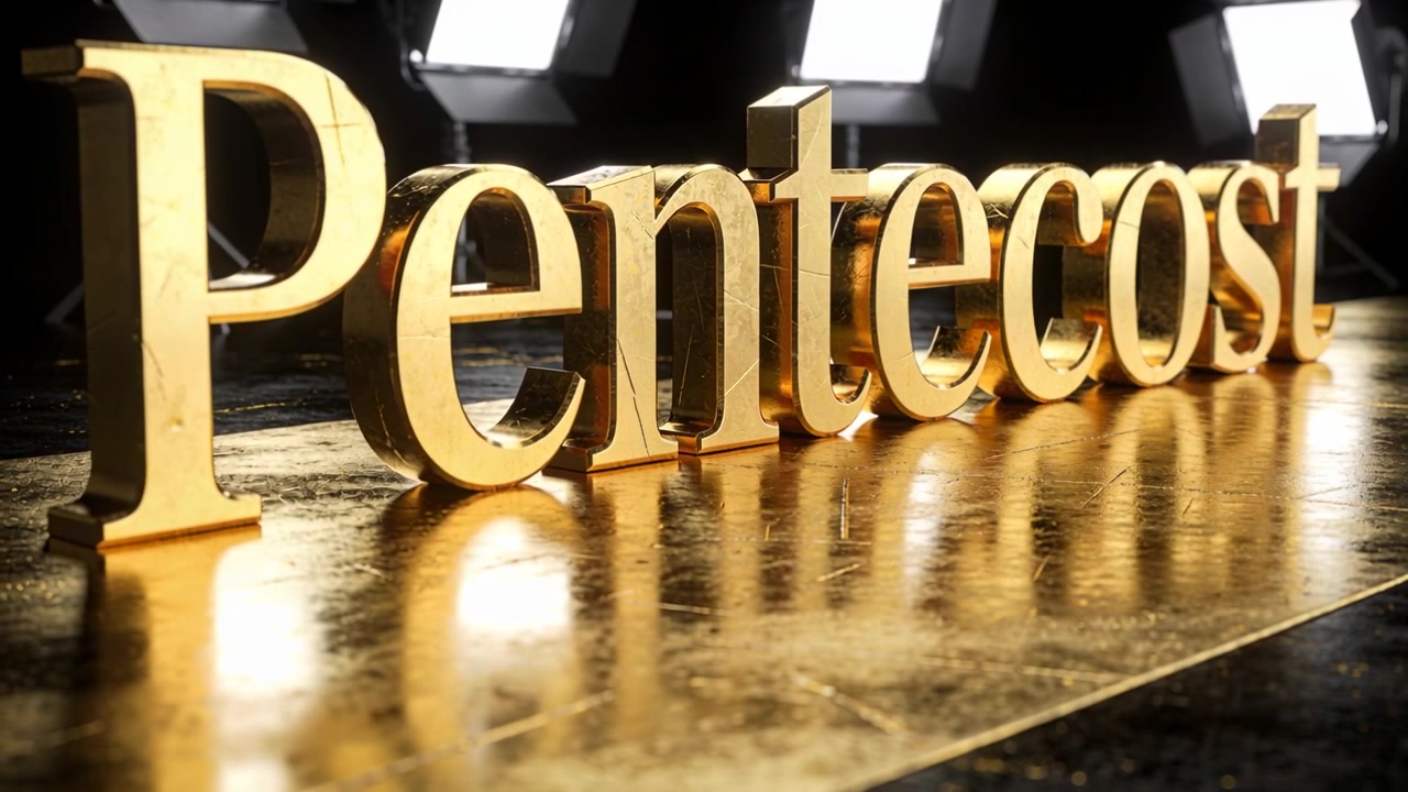 Kamera menarik fokus, menampilkan pandangan yang bergeser dari Pentakosta, menunjukkan sebuah kata di lantai emas dengan softbox.