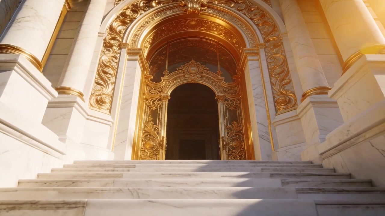 Un bagliore di luce solare, con la telecamera in movimento che si alza verso un arco dorato su gradini di marmo, rivelando dettagli intagliati.